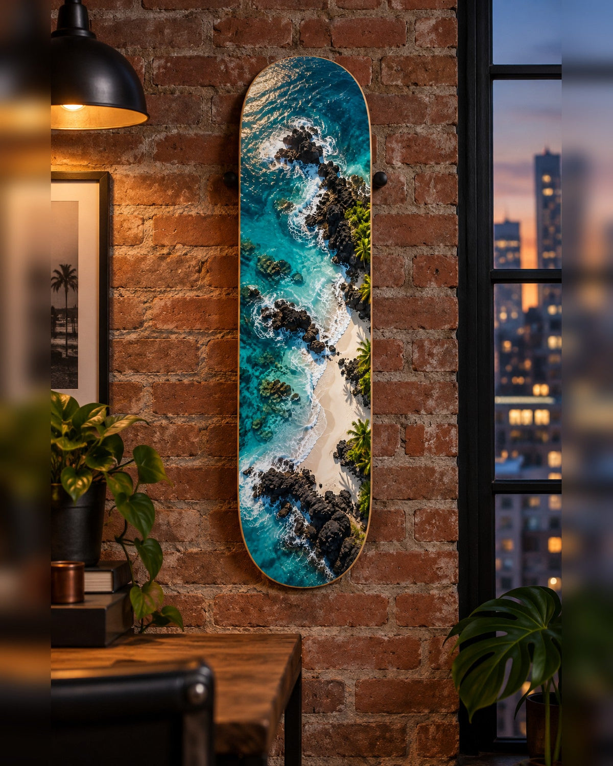 Lagoon skateboard deck wall art hanging in a room