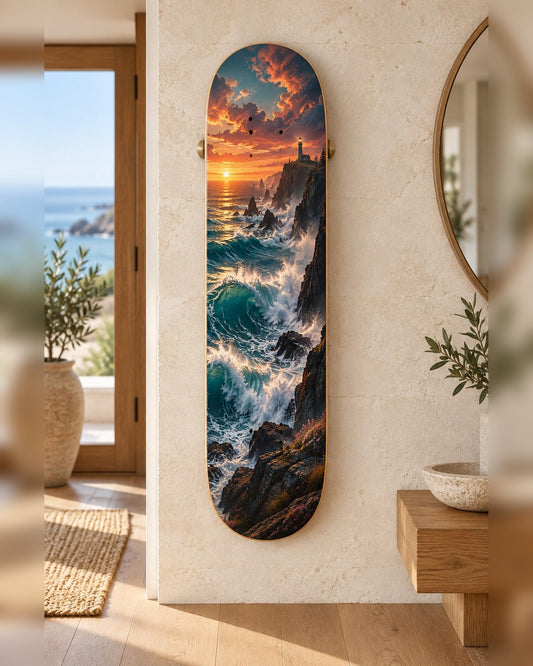 Lighthouse skateboard deck wall art hanging in a room