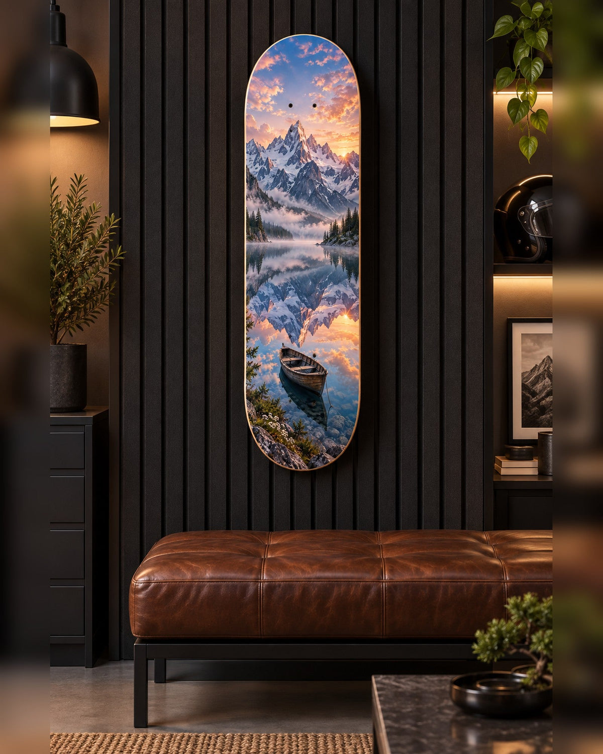 Mirror Lake skateboard deck wall art hanging in a room