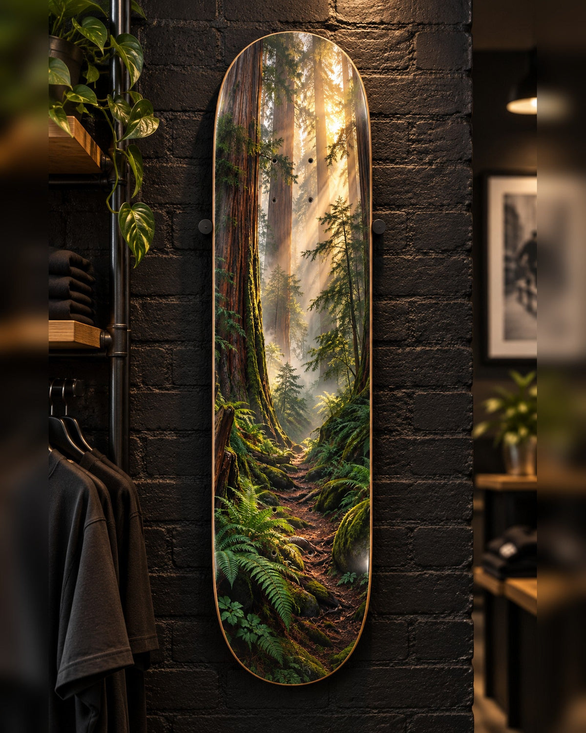 Redwoods skateboard deck wall art hanging in a room