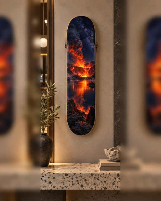 Volcano skateboard deck wall art hanging in a room