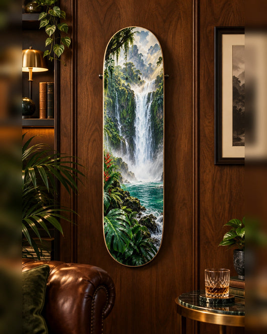 Waterfall skateboard deck wall art hanging in a room