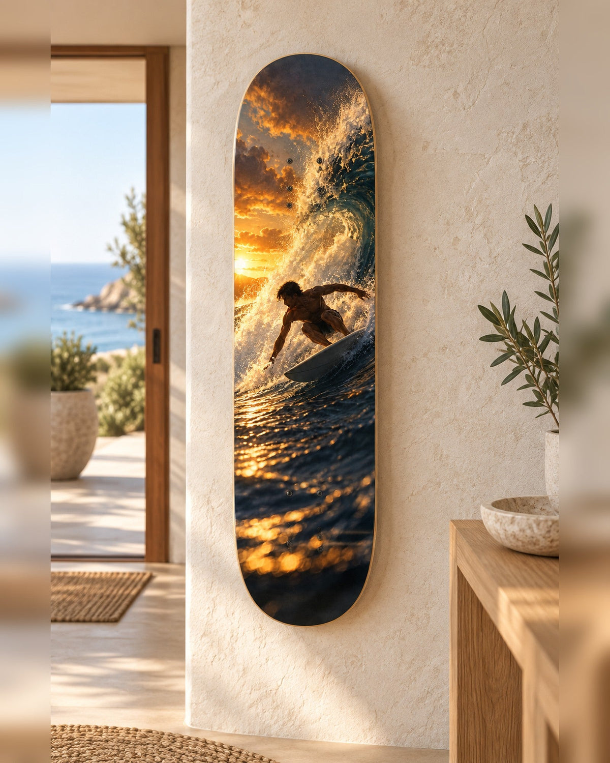 Bottom Turn skateboard deck wall art hanging in a room