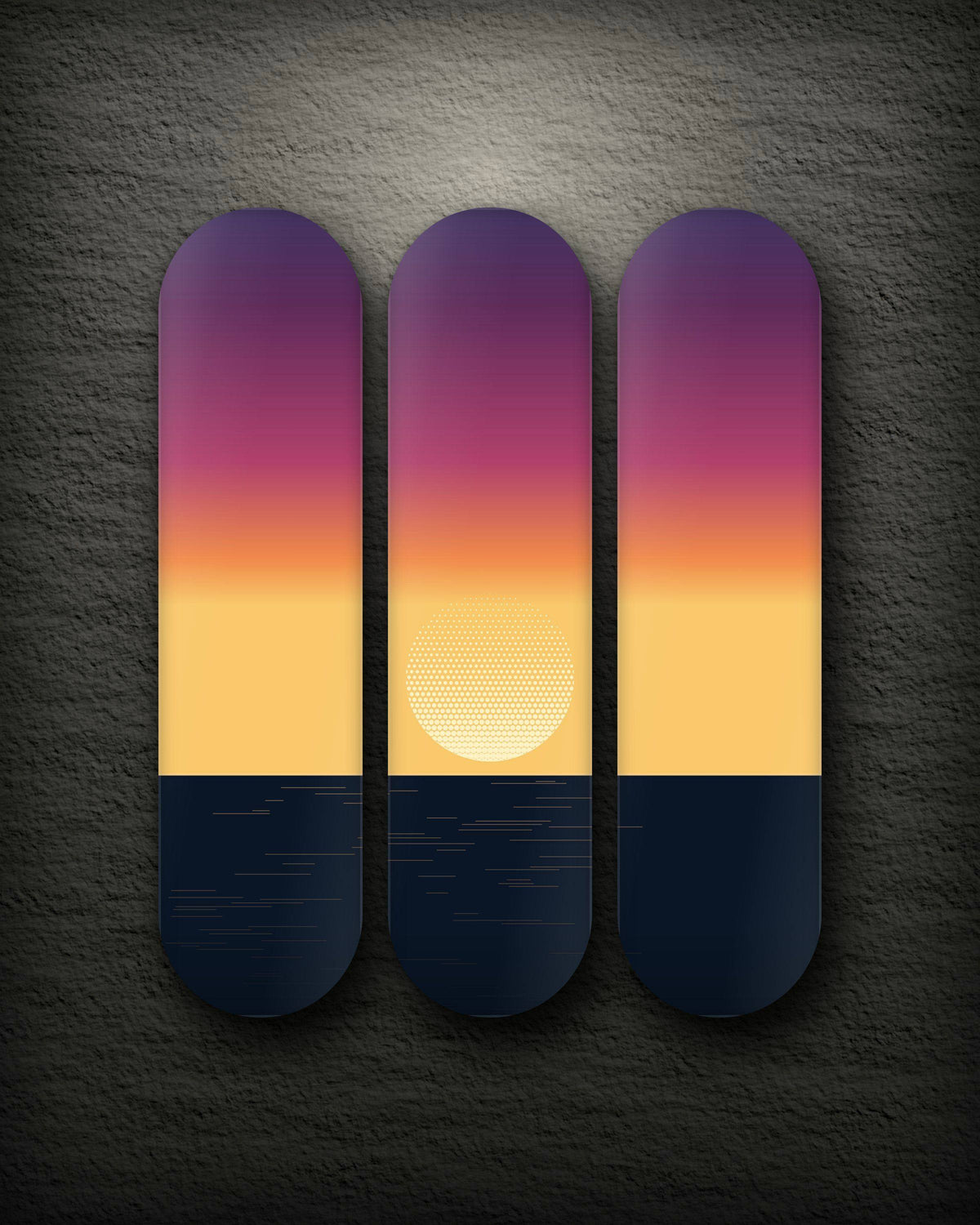 Offshore set of three decks — one scene across three
